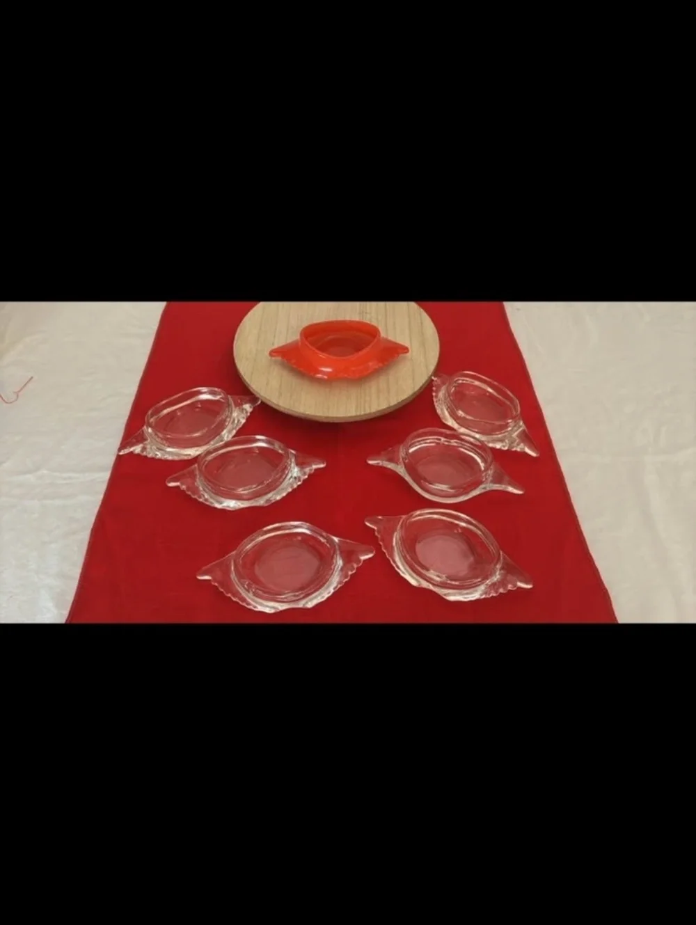 Vintage U.S.A. Glasbake Red Glass Bowl with Six Clear Glass Dishes Set